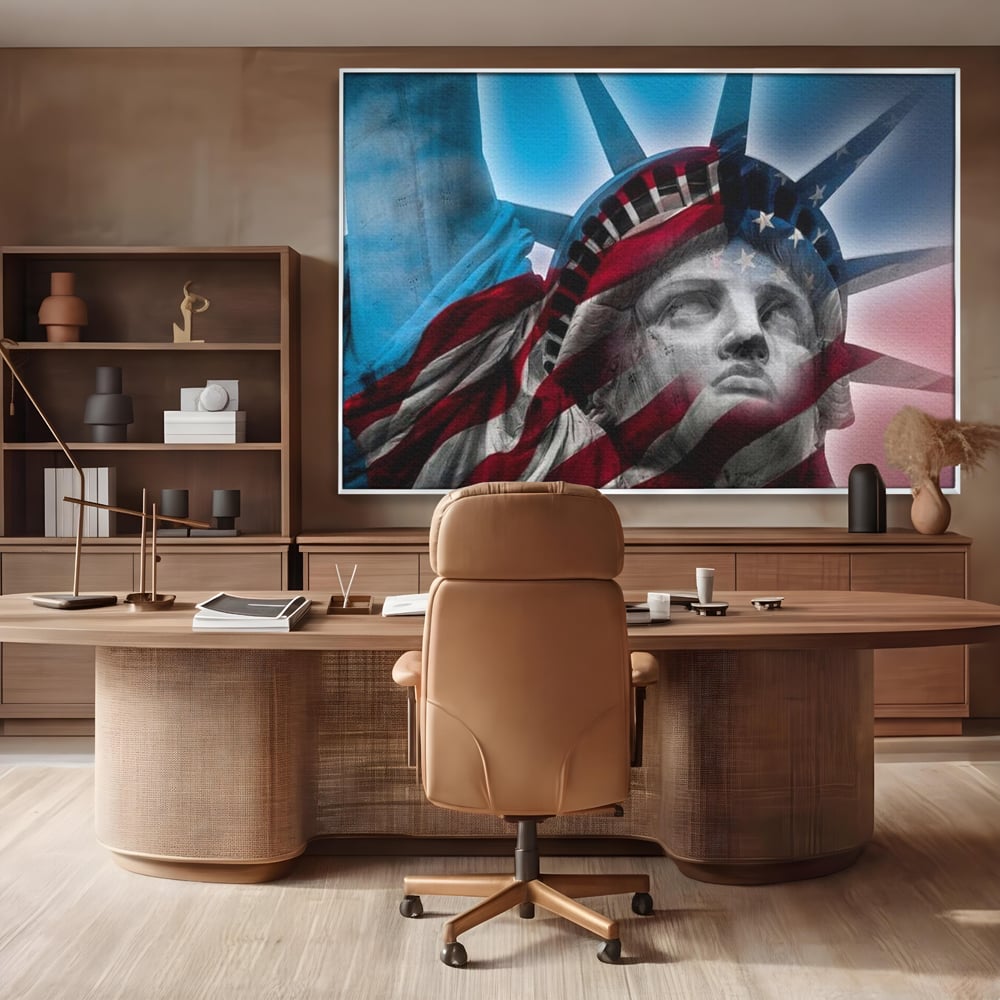 Tablou canvas cu statuia libertatii suprapusa cu steagul american, in rama de aluminiu argintiu, pe perete intr-un birou